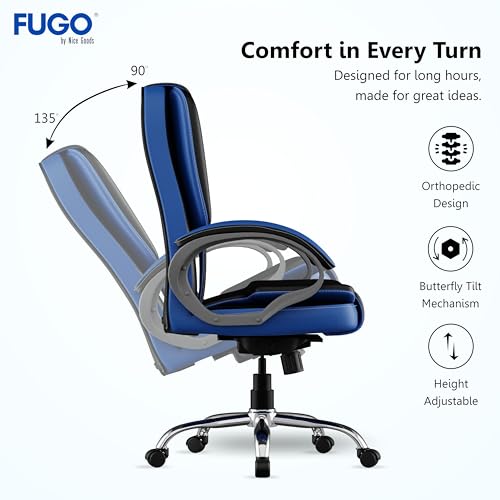 Image of FUGO FG12 Ergonomic Office Chair with Adjustable Height,Cushioned Back & Seat,Tilting Mechanism,Heavy-Duty Metal Base,Dual Nylon Casters-Ideal for Work,Gaming, Study,3Year Warranty (Black & Blue)