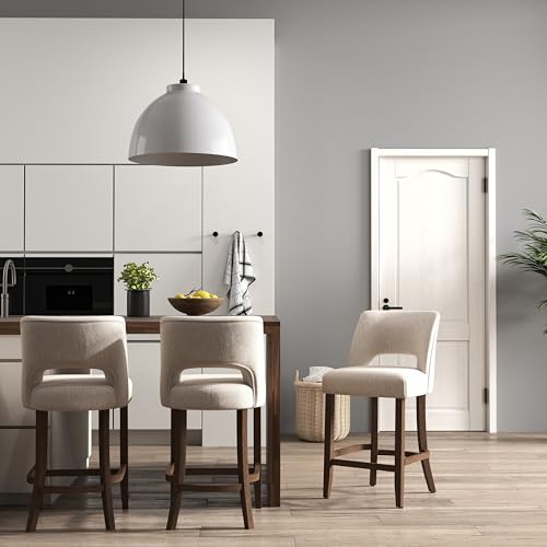 Image of VKNOW Bar Stools Set of 4,Upholstered Counter Height Bar Stools,Modern Counter Stools with Wood Legs for Kitchen Island Dining Room Bar,White