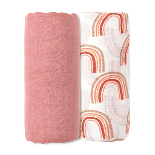 Image of Muslin Swaddle Blankets for Newborns,2 Pack Baby Boys Girls Receiving Blankets Large 43X47 Inches Muslin Burp Cloths,Breathable Soft Swaddle Wrap Baby Essentials(Rainbow)