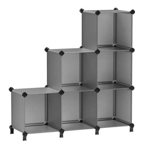 SONGMICS 6 Cube Storage Organizer, Modular Bookshelf, DIY Closet Organizers and Storage, Plastic Stackable Shelves, 11.8 x 11.8 x 11.8 Inch Cubes, with Feet and Rubber Mallet, Gray ULPC06G G