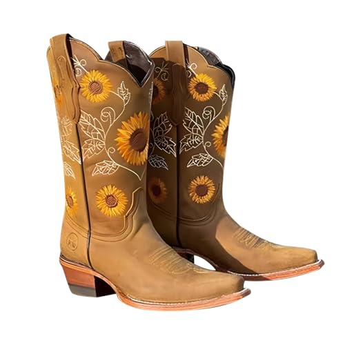 XHLEMON Women's Cowgirl Cowboy Square Toe PU Leather Boots Sunflower Floral Embroidered Western Cowgirl Boots Mid Calf Boots (Khaki, 8)
