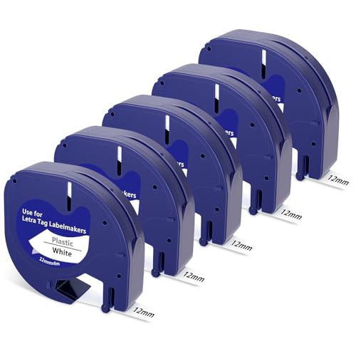 Kompatibel für Dymo Letratag Etikettenband Kunststoff Weiß 91221/S0721660 12mm x 4m, Schwarz auf Weiß,Beschriftungsgerät Bänder für Dymo Letratag LT-100H LT-100T LT-200B XR XM QX50,5X
