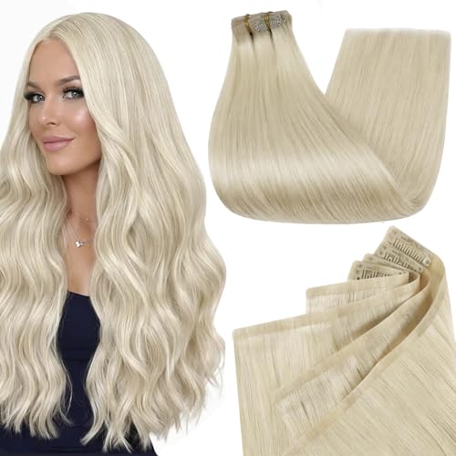 Image of Full Shine Seamless Clip in Human Hair Extensions, Platinum Blonde, 24 Inch | 160g 8 Pcs, Invisible PU Weft, Sleek Long Length Volume for Fuller Hair Styling, Full Head Coverage, Heat Styling Friendly