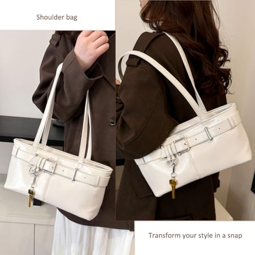 Vintage Y2K Shoulder Bag for Women,Small Belt Buckle Satchel Purse Leather Handbag Clutch Purse, Underarm Tote Handbag for Daily Use - White2