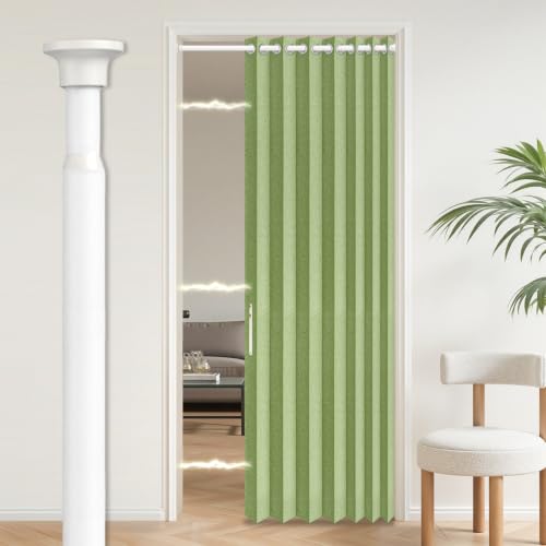 Image of AJAZZ Blackout Accordion Door with Curtain Rods Adjustable 28-39 inch Long, Invisible Sliding Glass Door Curtain for Bedroom Living Room Doorway Curtain Set, 1 Pack, W42 x L80 in, Green