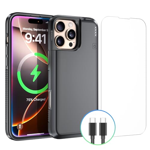 NEWDERY Upgraded Battery Case for iPhone 16 pro 5000mAh USB C Portable Power Bank CarPlay Sync-Data Supported Rechargeable Charger Case Compatible with iPhone 16 6.3 Black