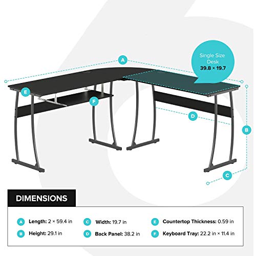 Rif6 L-Shaped Computer Desk - 59.4" Home Office Corner Desk With Adjustable Keyboard Tray - Durable Black Surface Study Table For Pc Laptop Gaming And Writing - With Sturdy Adjustable Steel Legs #TOP2