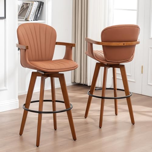 Image of LUNLING 30 inch Bar Height Stools Set of 2,Mid Century Modern Bar Stools,Brown PU Leather Kitchen Island Stools,Wood High Barstools Swivel with Back and Arms for Home Bar Furniture