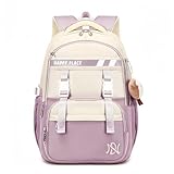 Mochila Espaçosa de Duas Cores para Mulheres, Estudantes, Cabe Notebook de 15,6 Polegadas (Roxo)
