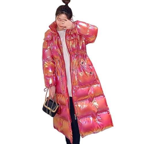 Women's Winter Metallic Long Down Jacket Fashion Shiny Colorful Soft Warm Hooded Quilted Puffer Coat Parka
