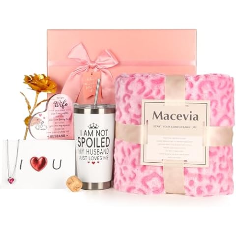 MACEVIA Anniversary Wedding Gifts Set for Wife,Valentine‘s Day Gifts from Husband, Pink Wife Gifts Set with Blanket, Wife Birthday Gift Ideas, Valentines Day Gift for Her (Pink) Cover