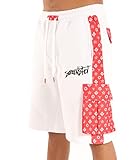 SCREENSHOT-SP11305 Mens Urban Hip Hop Premium Streetwear Fleece Shorts - Street Pattern Side Stripe Multi-Color Pocket Utility Varsity Fashion SweatShorts-White-Large