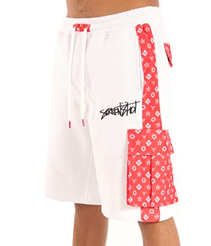 SCREENSHOT-SP11305 Mens Urban Hip Hop Premium Streetwear Fleece Shorts - Street Pattern Side Stripe Multi-Color Pocket Utility Varsity Fashion SweatShorts-White-Large