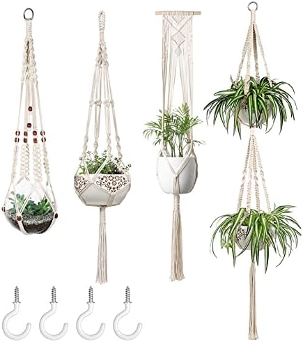 Mkono Macrame Plant Hangers Set of 4 Indoor Hanging Planter Basket Wall Decorative Flower Pot Holder with 4 Hooks for Indoor Outdoor Home Decor Gift Box, Ivory