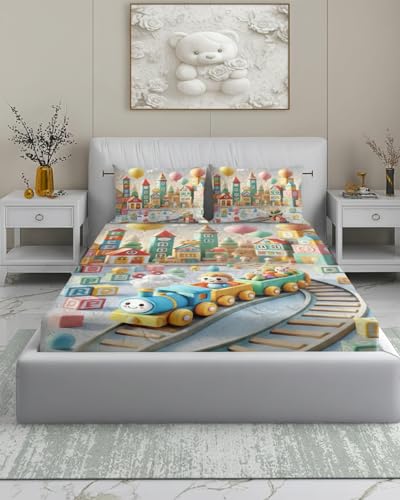 Image of 7D Flat Bedsheet 400TC Sheet Set, Kids Design bedsheet, Floral Design, Decorative Bedding with Daisy Pattern, Kids Room Decor, 90X100 Inch (Train)