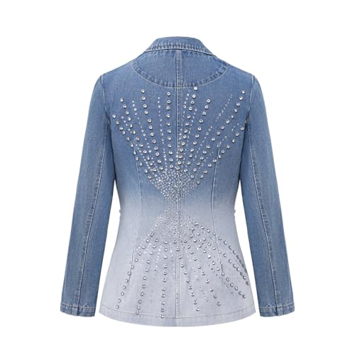 Women's Rhinestone Denim Suit Business Casual Pointed Collar Lapel Front Pocket Fall Winter Denim Jacket2
