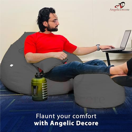 Image of Brand - XXXXL Faux Leather Bean Bag Sofa with Stool Ready to Use Filled with Beans (Grey) (Jumbo Size)