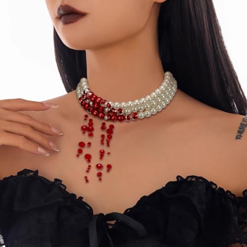 Crysdue Halloween Dripping Blood Vampire Choker Necklace Gothic Simulated Pearl Necklace for Party Prom Costume Jewelry4
