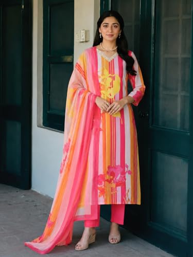Image of ANNI Designer Cotton Blend Printed Straight Kurta with Pant and Dupatta for Women | Cotton Blend Pink | 3 /4 Sleeve | V-Neck | Ethnic Wear Casual Wear