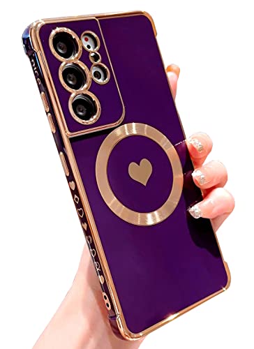 Banailoa Design For Samsung Galaxy S21 Ultra Case Compatible With Magsafe,Luxury Plating Clear Case Magnetic Soft Camera Protective Galaxy S21 Ultra Case (6.8 Inch)-Dark Purple #TOP8