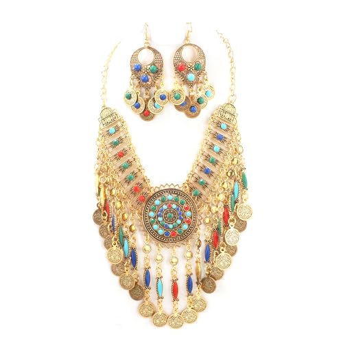 Zhlichouy African Jewelry Sets for Women Boho Tribal Retro Statement Choker Necklace and Dainty Dangle Earring Set Multicolor Ethnic Style Chunky Bib Collar Costume Jewelry Accessories for Women
