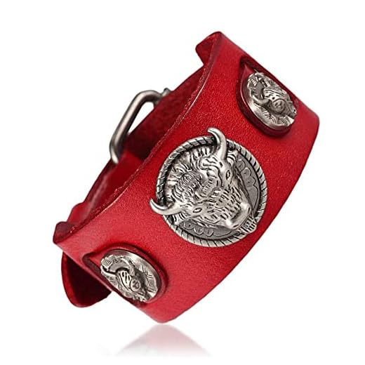 Läderarmband för män, Ride to Live Oxe Män Skalle Huvudarmband Retro Äkta Läder Damer Män Armband, Armband Smycken Exklusiva Festivaltillbehör Present Röd Par Vänskap
