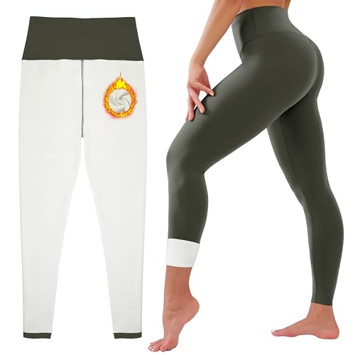 HEGALY Thick Fleece Lined Leggings for Women Tummy Control High Waisted Workout Thermal Warm Soft Yoga Pants for Cold Winter ArmyGreen
