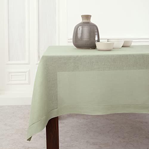 Solino Home Linen Tablecloth for Rectangle Tables 60 x 90 Inch - Classic Hemstitch 100% Pure Linen Sage Green Table Cloth - Machine Washable Cloth Tablecloth for Fall, Autumn, Thanksgiving, Christmas