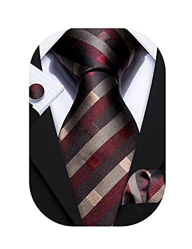 Image of Barry.Wang Plaid Ties for Men Silk Necktie Handkerchief Cuff Links Set