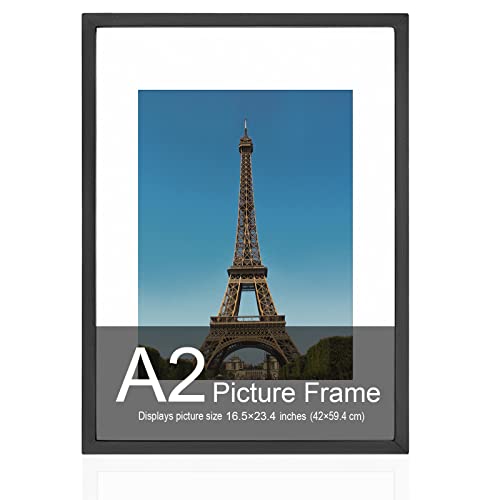 16.5x23.4 Frame, A2 Frame16.5 x 23.4 frame A2 Poster Frame with Mat, Solid Wood Black Poster Frame-Horizontal and Vertical Wall Hanging for Home, Exhibition, Caffe(Black)