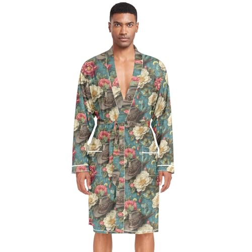 Men’s Robe Floral Hat Print, Long Sleeve Bathrobe for Sleep Shower-M