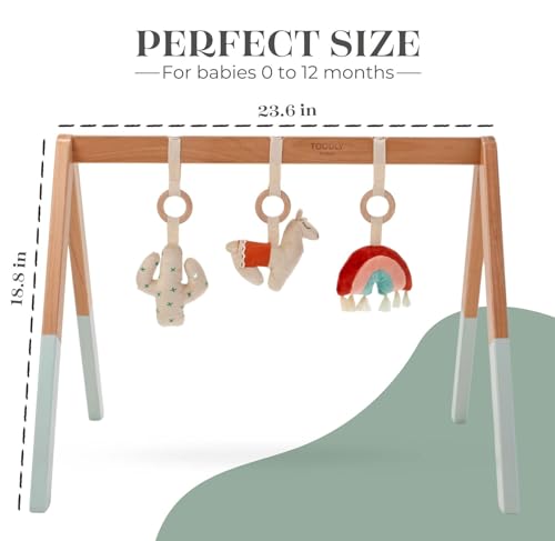 Playful Wooden Baby Play Gym - Wooden Play Mat for Babies 0-6 Months with 3 Plush Hanging Baby Toys - Baby Gym Play Mat - Natural Wooden Foldable Play Mat - Activity Mat for Babies 0-6 Months