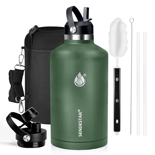 Image of Insulated Water Bottle 64 oz, Triple Wall Vacuum Stainless Steel Water Bottles (Cold for 48 Hrs), Leak Proof & Non-BPA, Half Gallon Water Flask Jug Wide Mouth Straw Lid & Spout Lid