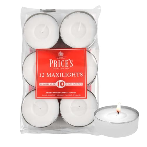 Price’s – Maxi Tealights – Pack of 12 – Unscented – 10 Hour Burn Time – Quality White Wax