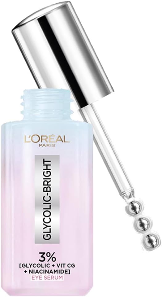 L'Oréal Paris Glycolic Bright Sérum de Ojos para Ojeras Oscuras con 3% [Ácido Glicólico + Niacinamida + Vitamina Cg] 20ml 0.74 Fl Oz (Paquete de 1)