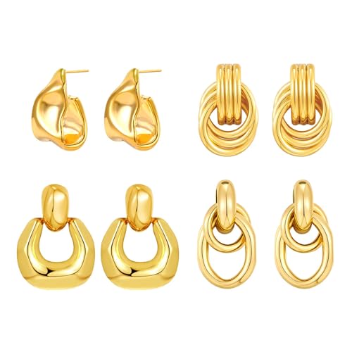 4 Pairs 14K Gold Plated Dangle Earrings for Women Knot Teardrop Chunky Gold Statement Drop Earrings for Women Trendy Jewelry Gifts