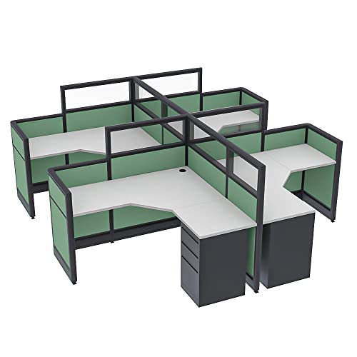 SKUTCHI DESIGNS INC. Modern 4 Person Cubicles | L-Shaped Workstations with Storage | Emerald Collection | Social Distancing | 5x5x52-39 H | Light Gray