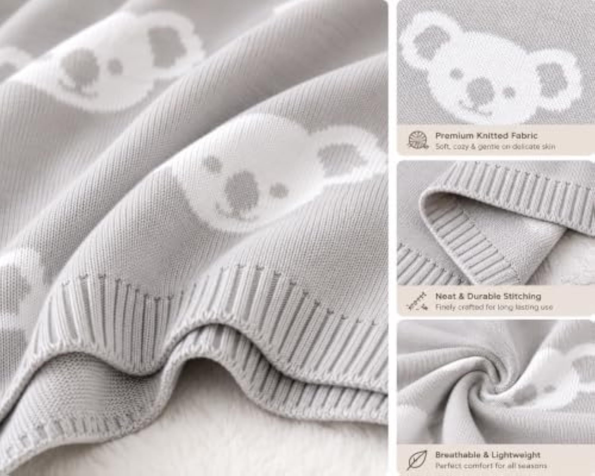 Knitted All Season Blanket for Newborn, Light Grey