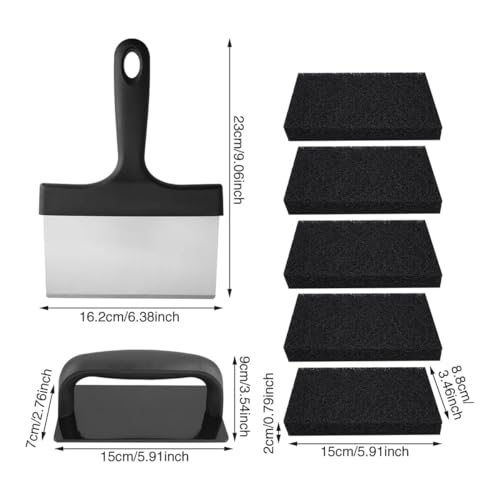 Durlo 7-teiliges Grillplatten-Reinigungsset mit Edelstahl-Schabergriff und 5 austauschbaren Reinigungspads, flache Grillbürste, schwarz