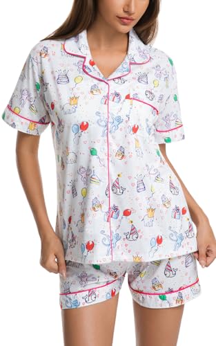 Womens Pajamas Set Button Down 2 Piece Cute Monkey Bunny Y2k Preppy Heart Pjs Sets Lounge Comfy Sleepwear