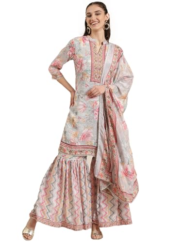 Image of SHOWOFFFF Women Printed Three-Piece Straight Ethnic Kurta Set | Mandarin Collar 3 /4th Sleeves Crepe Kurta Set's for Womens | Mid-Rise Regular Fit Above Knee Kurta Set for Women's
