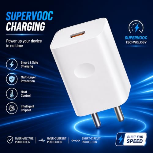 Image of 33W SuperVOOC Fast Charger with USB to Type-C Cable | High-Speed Fast Charging Adapter | Supports SuperVOOC, VOOC, Dash, Warp & Dart Charging, White