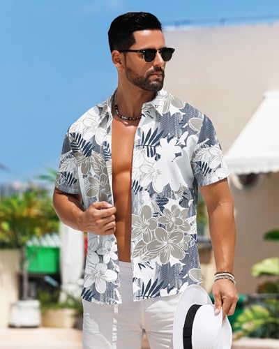 BOJIN Men's Hawaiian Tropical Floral Wrinkle Free Aloha Summer Beach Vacation Short Sleeve Button Down Casual Shirt3