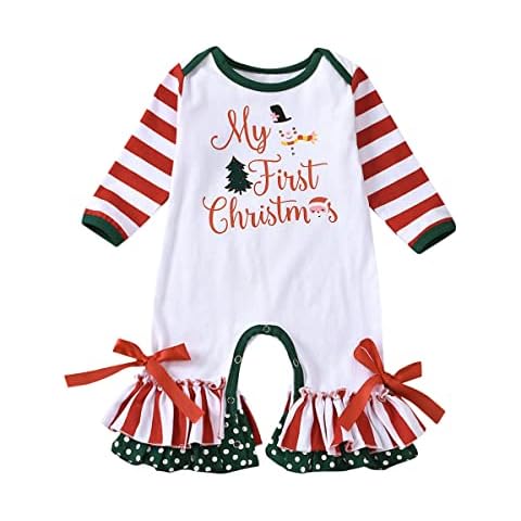 FUMXIKEG Baby My First Christmas Romper Long Sleeve Stripe Stitching Bodysuit Xmas Onesie for Baby First Christmas (12-18 Months) Cover