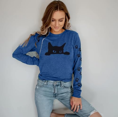 Funny Cat Shirts for Women - Peeping Halloween Black Cat Shirt Cute Cat Mom Long Sleeve Graphic Tees Teens Pullover Tops3