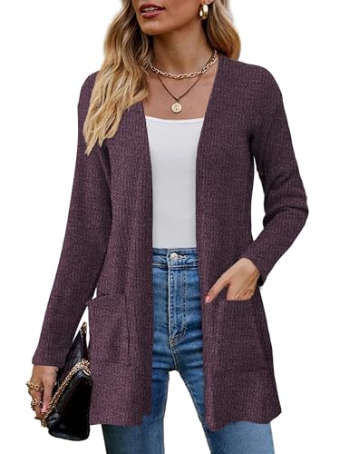 Image of OmicGot Women's Open Front Casual Long Sleeve Knit Classic Sweaters Cardigan with Pockets Mulberry S