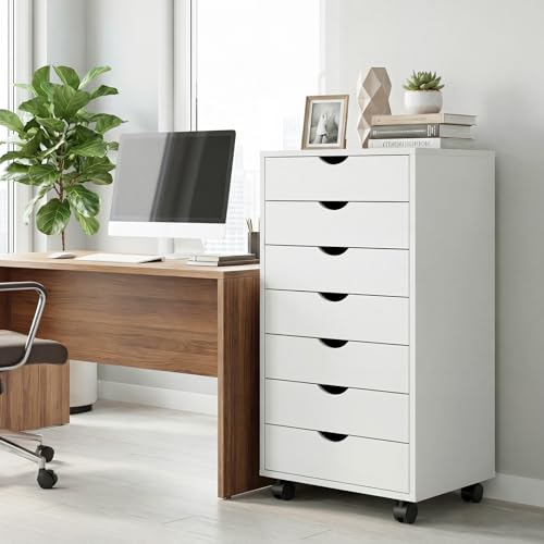 Image of Mobile File Cabinet Under Desk, 7 Drawer Storage Organization with Wheels, Vertical Filing Chest Rolling Wood Small Desk Printer Stand for Home Office, 15.75 inch D x 18.74 inch W x 34.25 inch H
