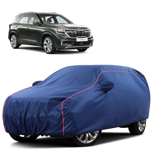 Image of Sulfar 100% Water Resistant Car Body Cover Compatible with Mirror for Kia Seltos (Triple Stitched, Full Bottom Elastic, Blue Taffeta with Red Piping)