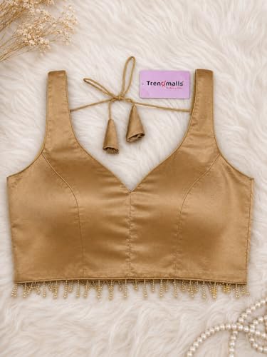 Image of TRENDMALLS Women's Gaji Silk Plain Sweet Heart Neck Sleeveless Beads Lace Work Blouse Choli Stylish Saree Blouse Ready to Wear