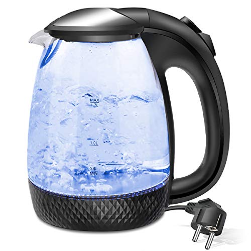 EXTRASTAR Hervidor de Agua Eléctrico 1,7 litros, Base 360º, Filtro Antical Desmontable, Hervidor Eléctrico de Vidrio, 2200W de Potencia, Negro